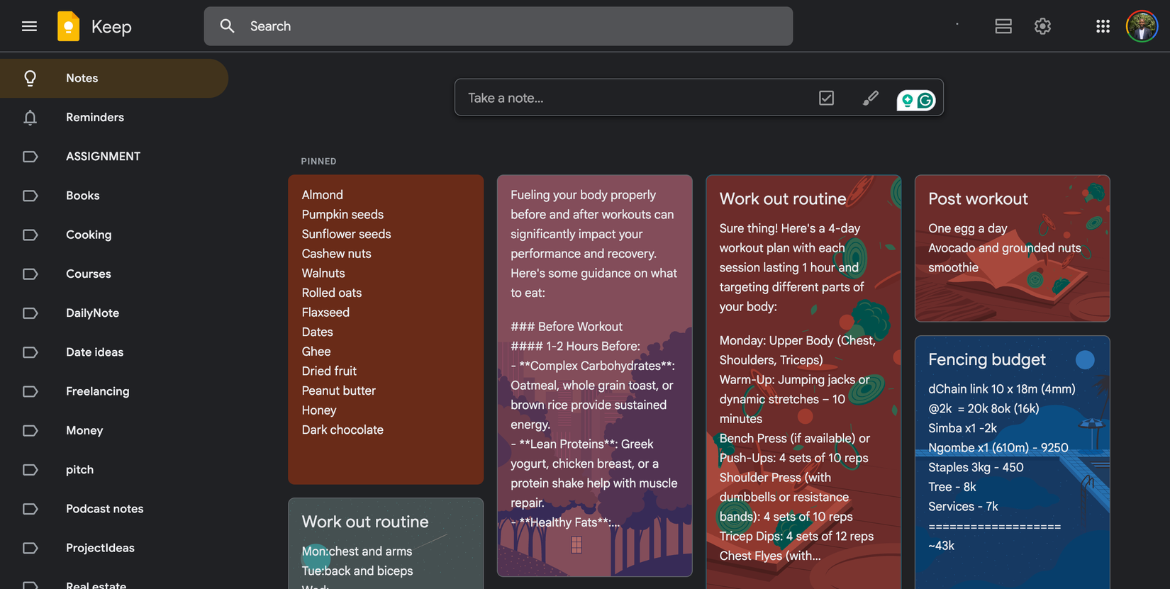 Google Keep web app showing pinned notes