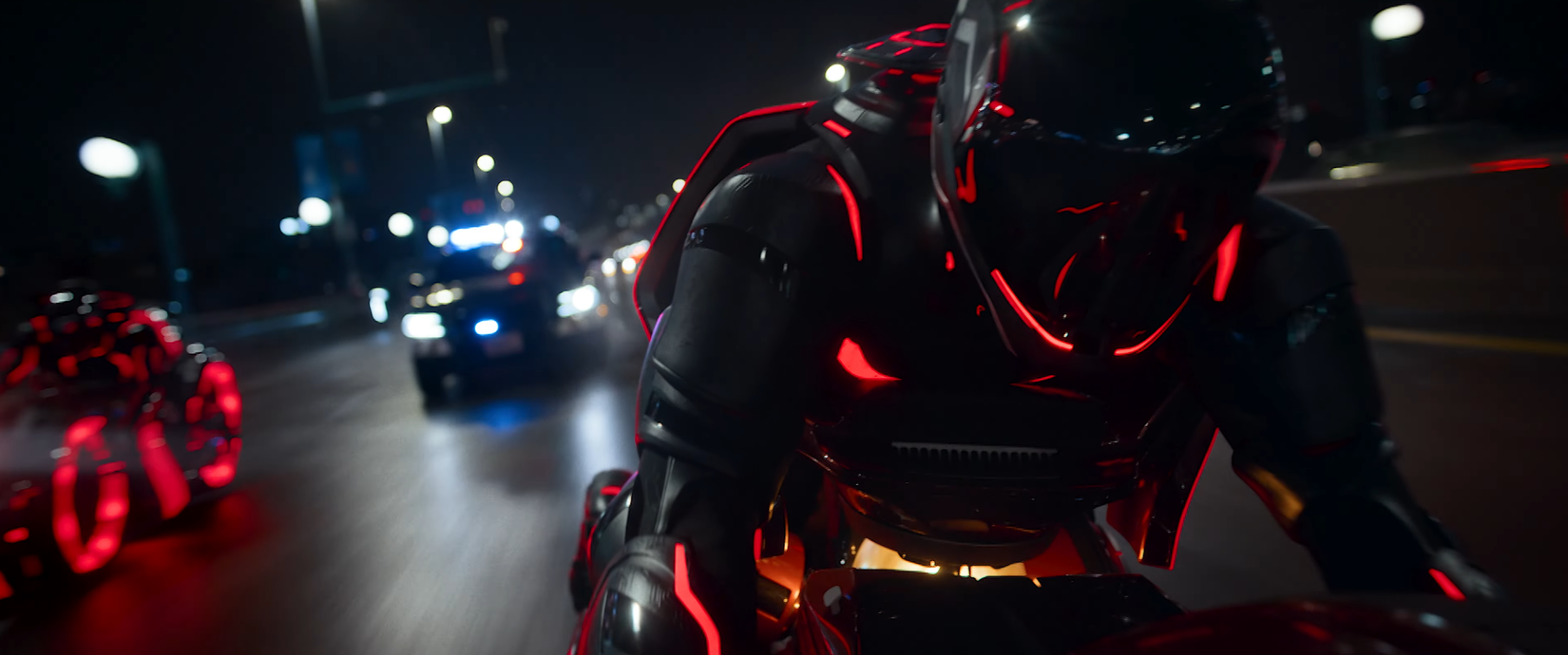 Jared Leto as Ares riding a motorcyle in Tron Ares.