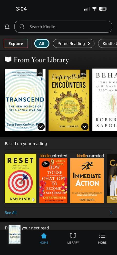 Kindle App Reading Insights from the More menu.