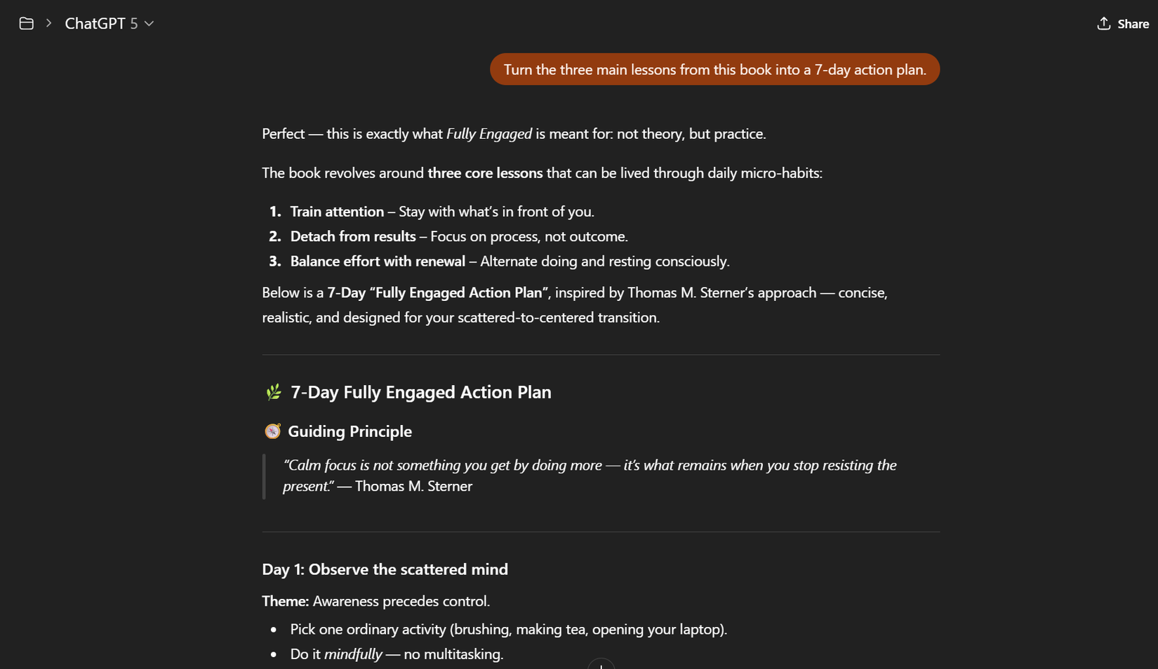 A seven-day action plan created with ChatGPT based on the book.