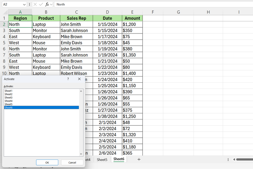 List of sales sheets in Excel.