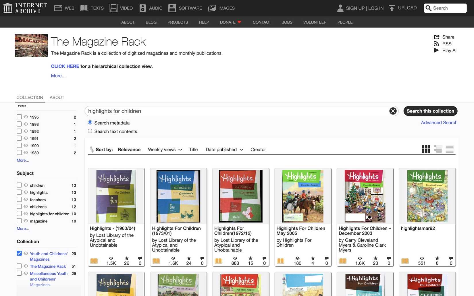 Magazine search on Internet Archive's Magazine rack
