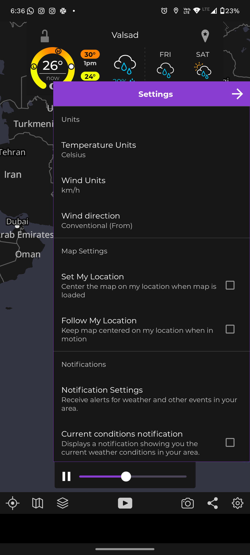 MyRadar weather app settings.