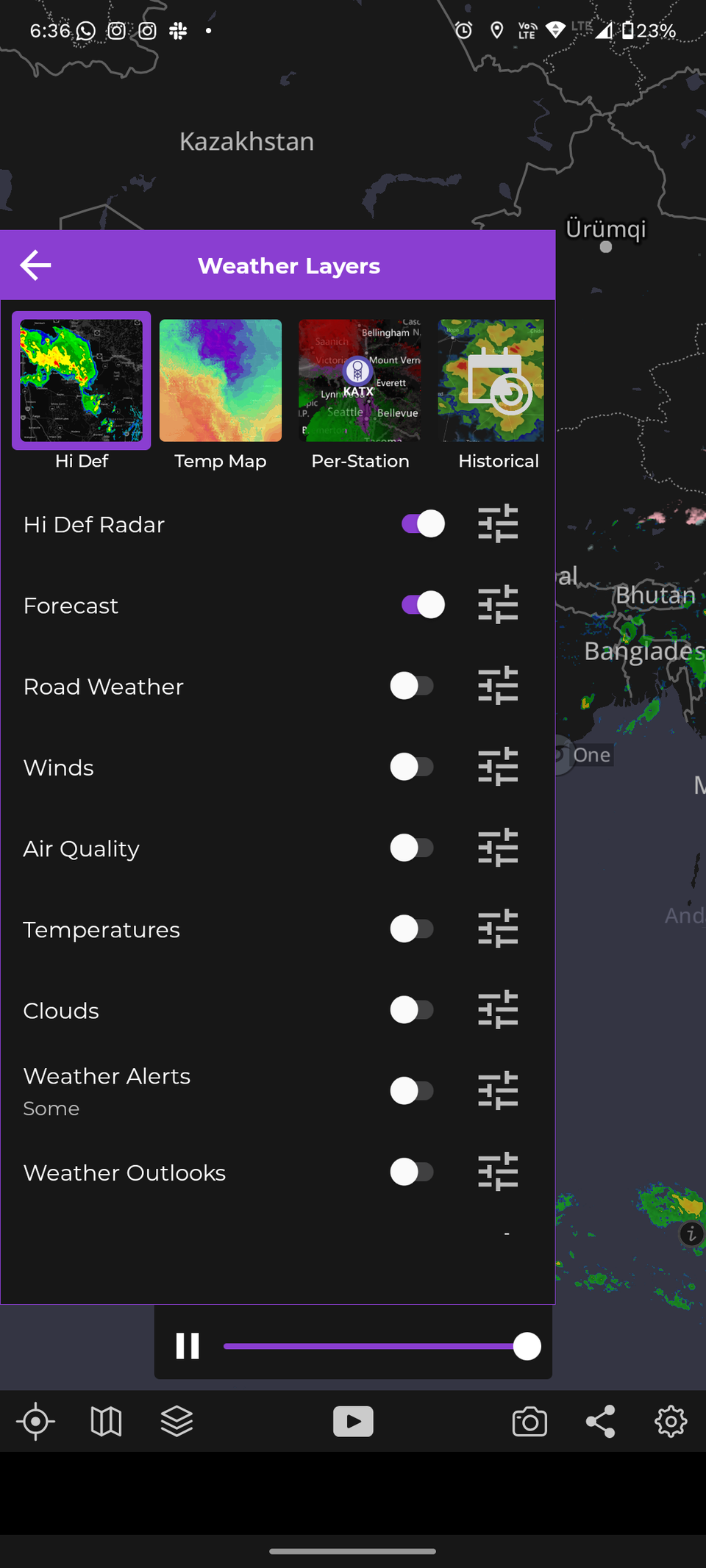 MyRadar Weather app dashboard view settings.