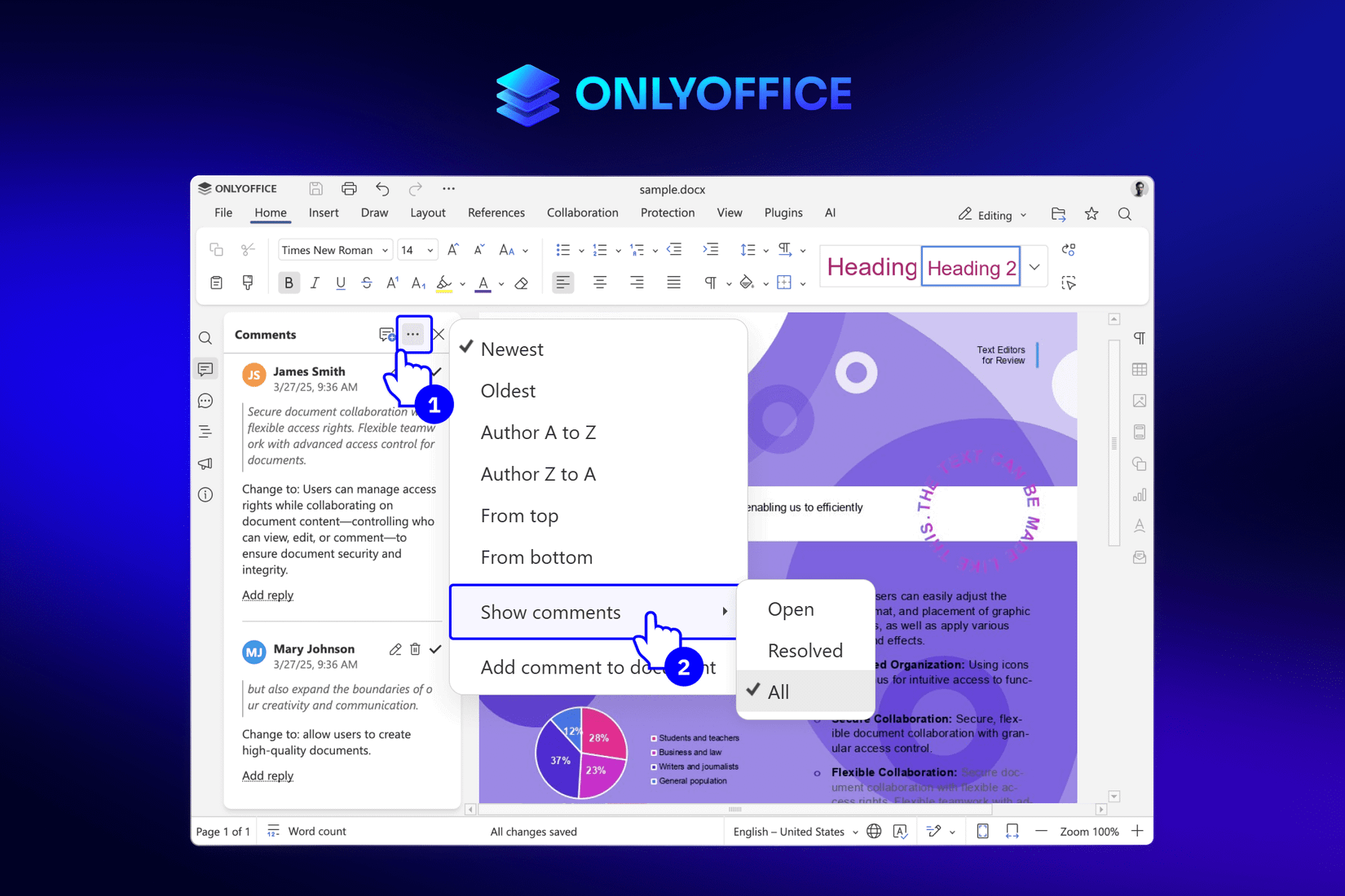 onlyoffice docs 9.1 show comments feature with comments sample