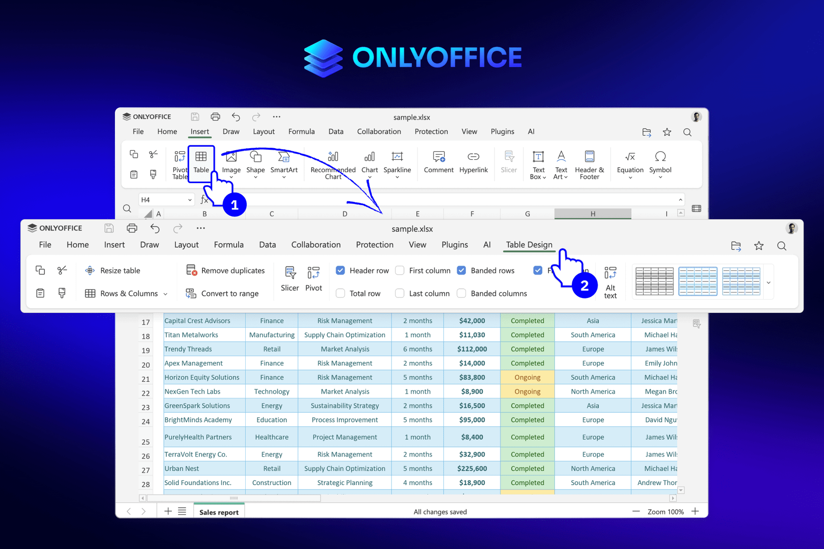 onlyoffice docs 9.1 table design tab and table sample