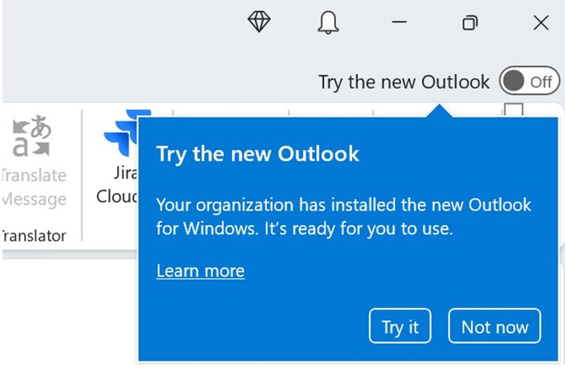Outlook showin ga new prompt to try the new Outlook