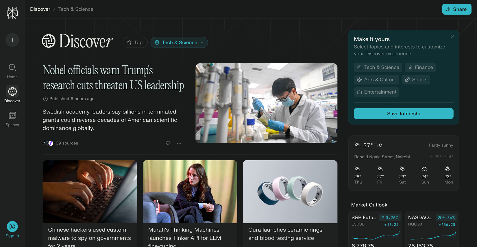 Perplexity Discover section showing the current top news from different sources