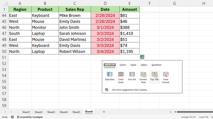 Sales table in Excel with Quick Analysis menu showing formatting options at the bottom right corner of the table.