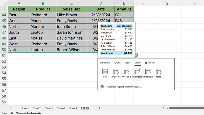 Sales table in Excel with Quick Analysis menu showing tables options at the bottom right corner of the table.