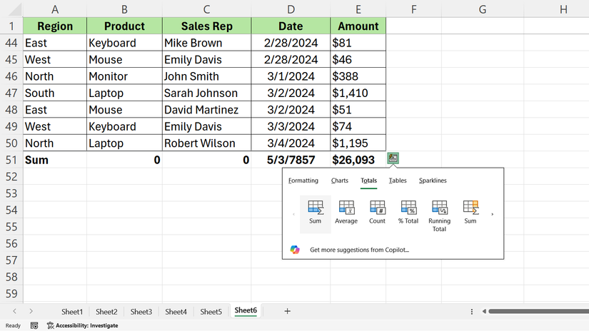 Sales table in Excel with Quick Analysis menu showing totals options at the bottom right corner of the table.