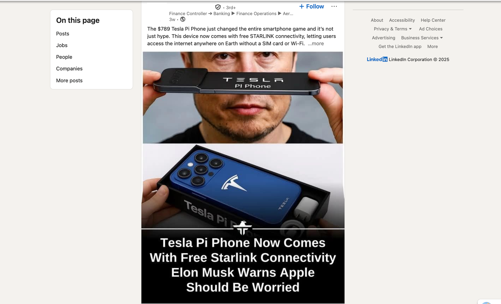 LinkedIn AI slop post about Tesla phone