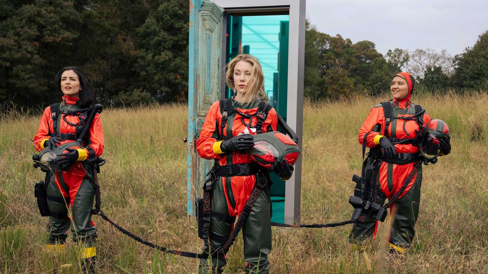Sol Rodriguez, Jennifer Holland (Emilia Harcourt), Anissa Matlock in the Peacemaker season 2 finale in an alternate dimension