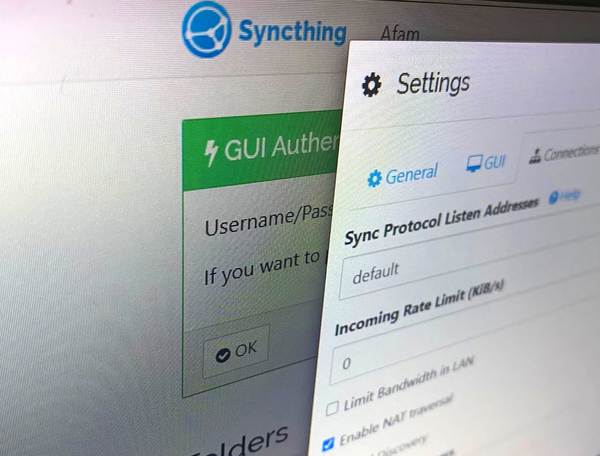 syncthings settings panel close up computer screen.
