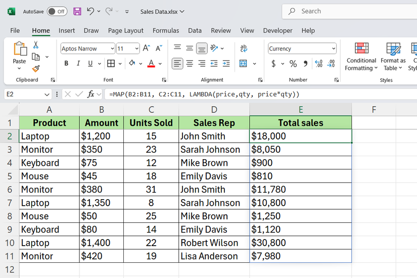 Total sales of computer peripherals using the MAP and LAMBDA functions in Excel.