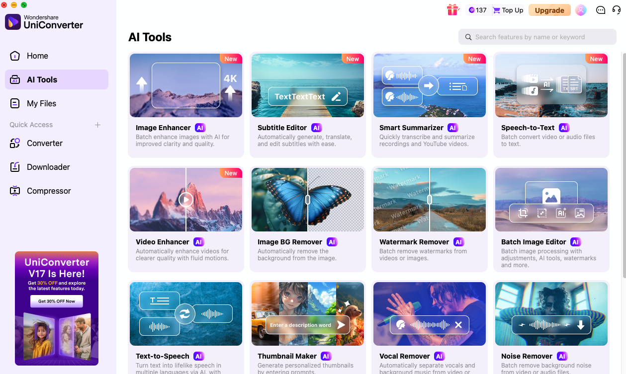 Wondershare UniConverter AI tools and workspace