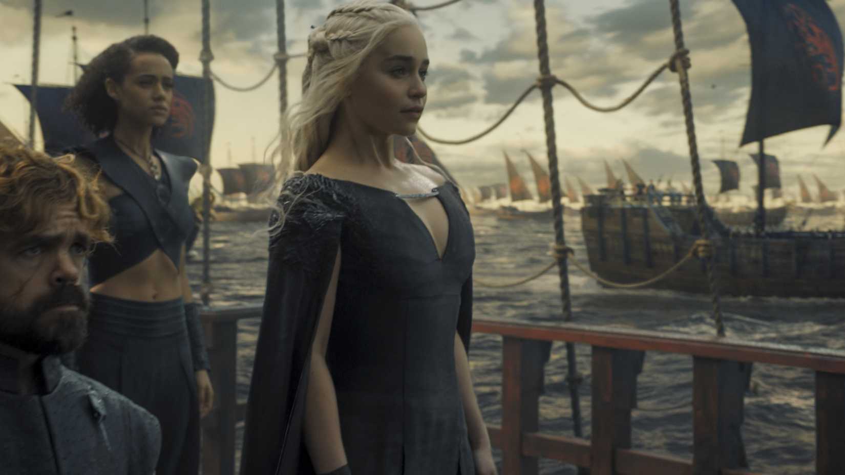 Daenerys Targaryen, Tyrion Lannister, and Missandei on a ship bound for Westeros