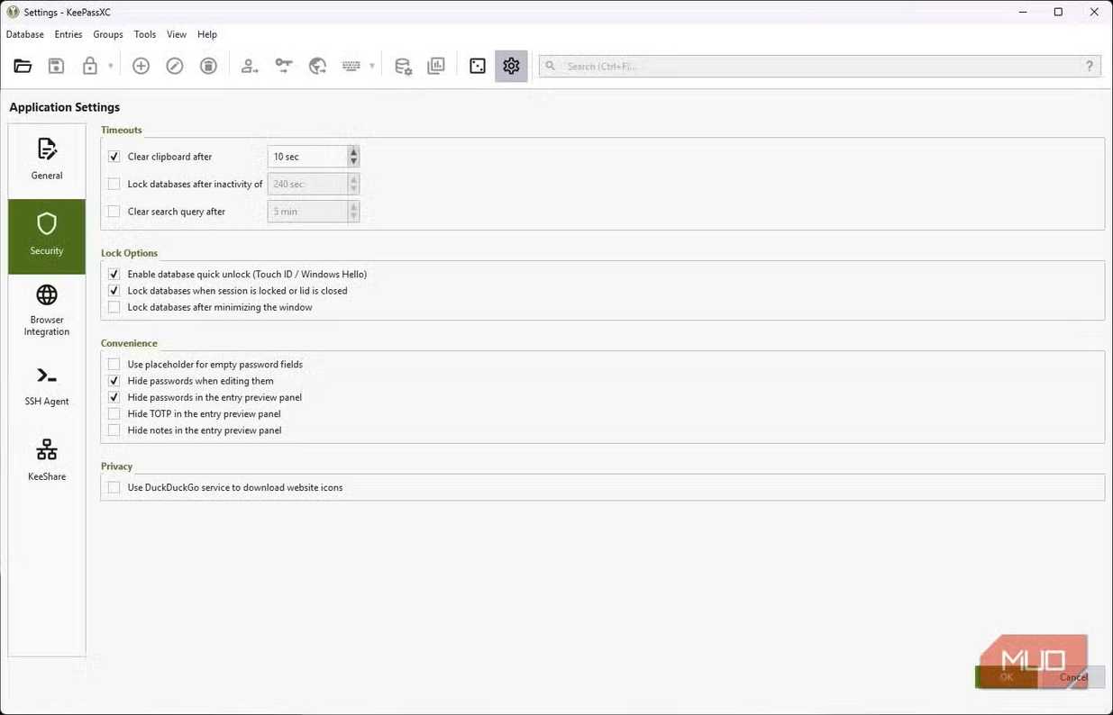 Настройки безопасности KeePassXC Изменение настроек безопасности в KeePassXC