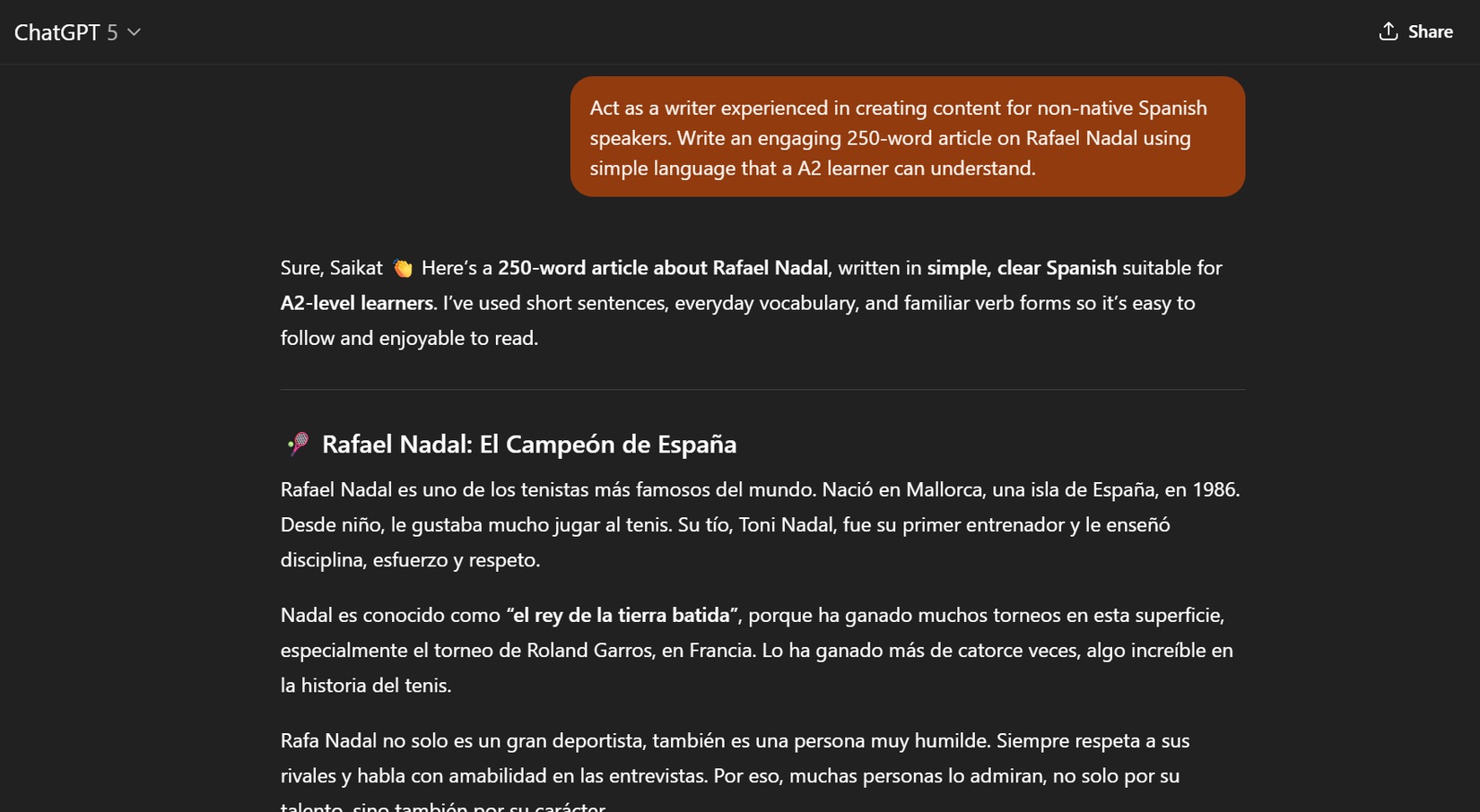 ChatGPT generates simple texts tailored to your interests and reading level.