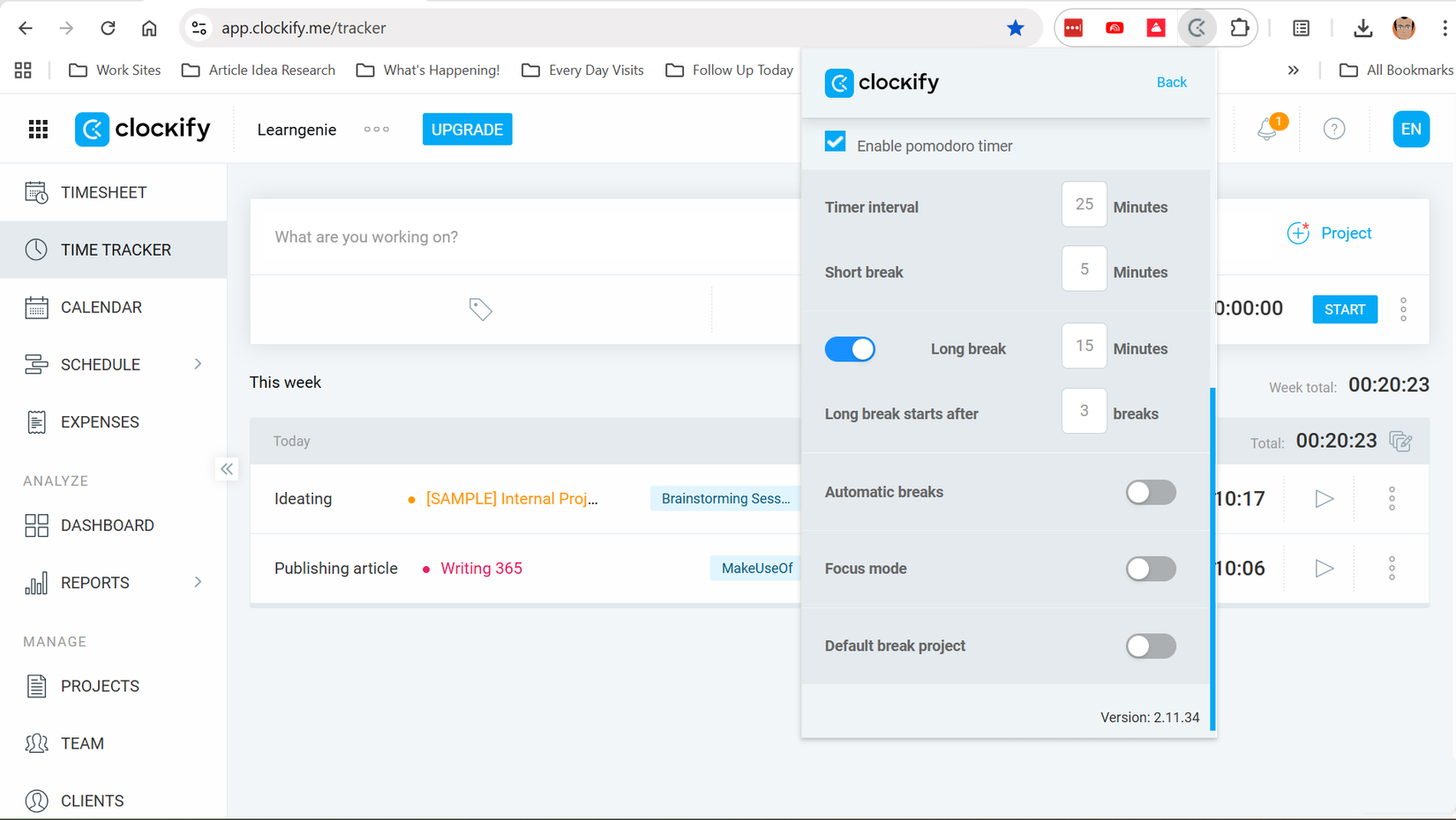 Clockify Pomodoro Timer