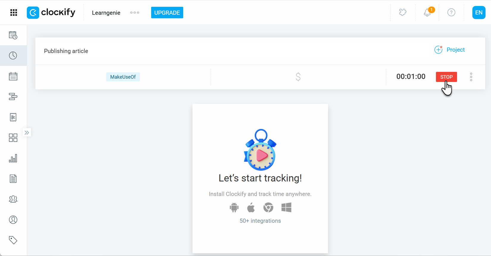Clockify Start button