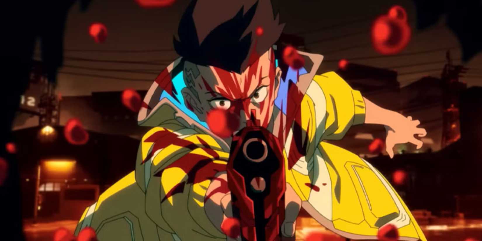 David from Cyberpunk Edgerunners pointing a gun and covered in blood.