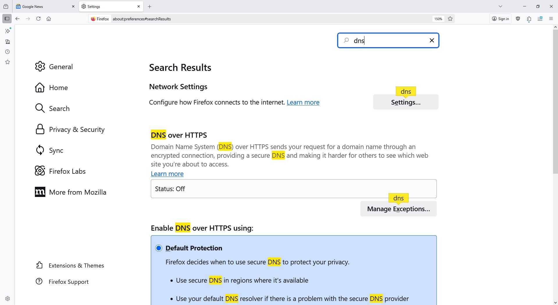 firefox enable dns over https settings
