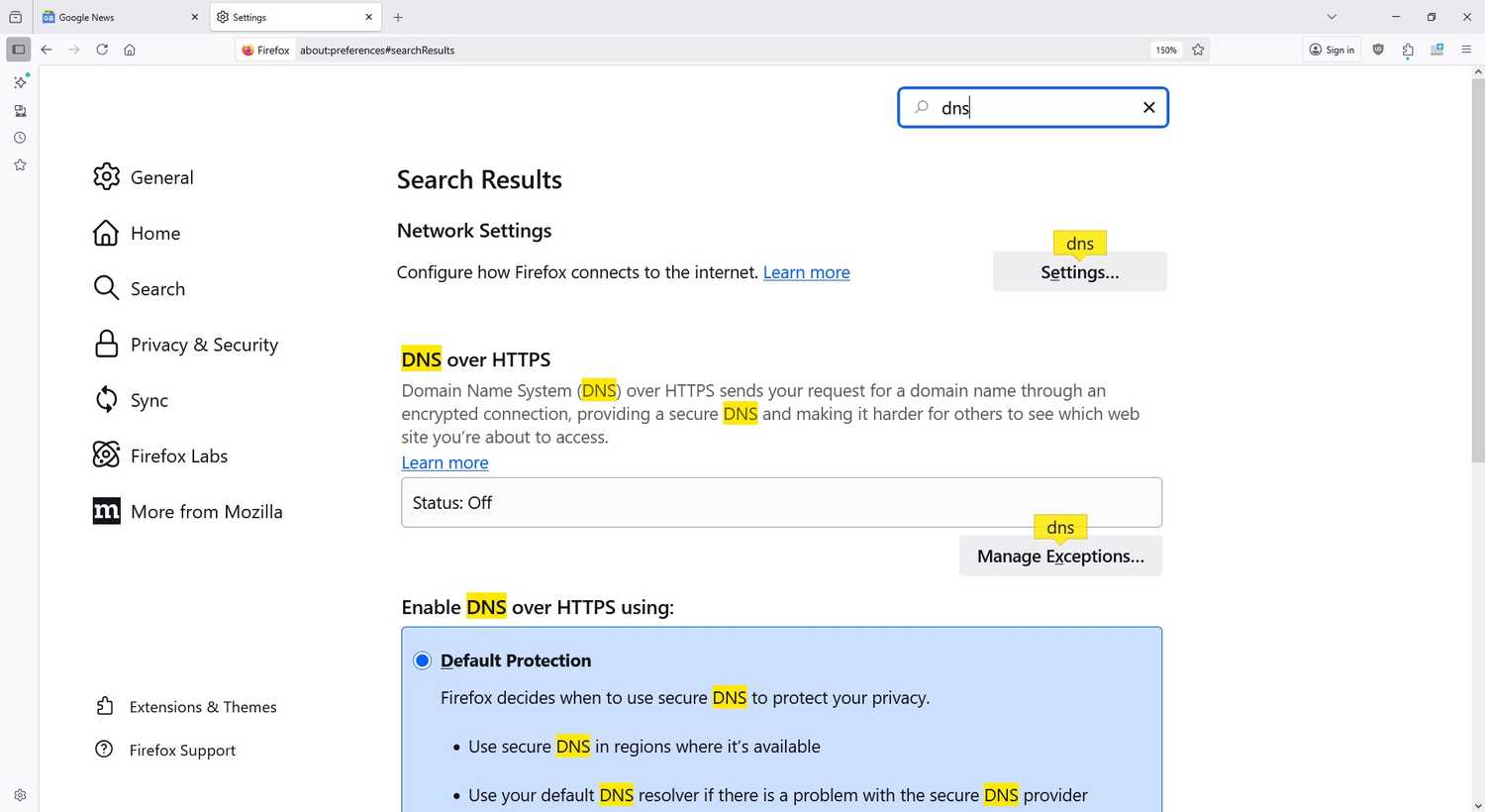 firefox enable dns over https settings