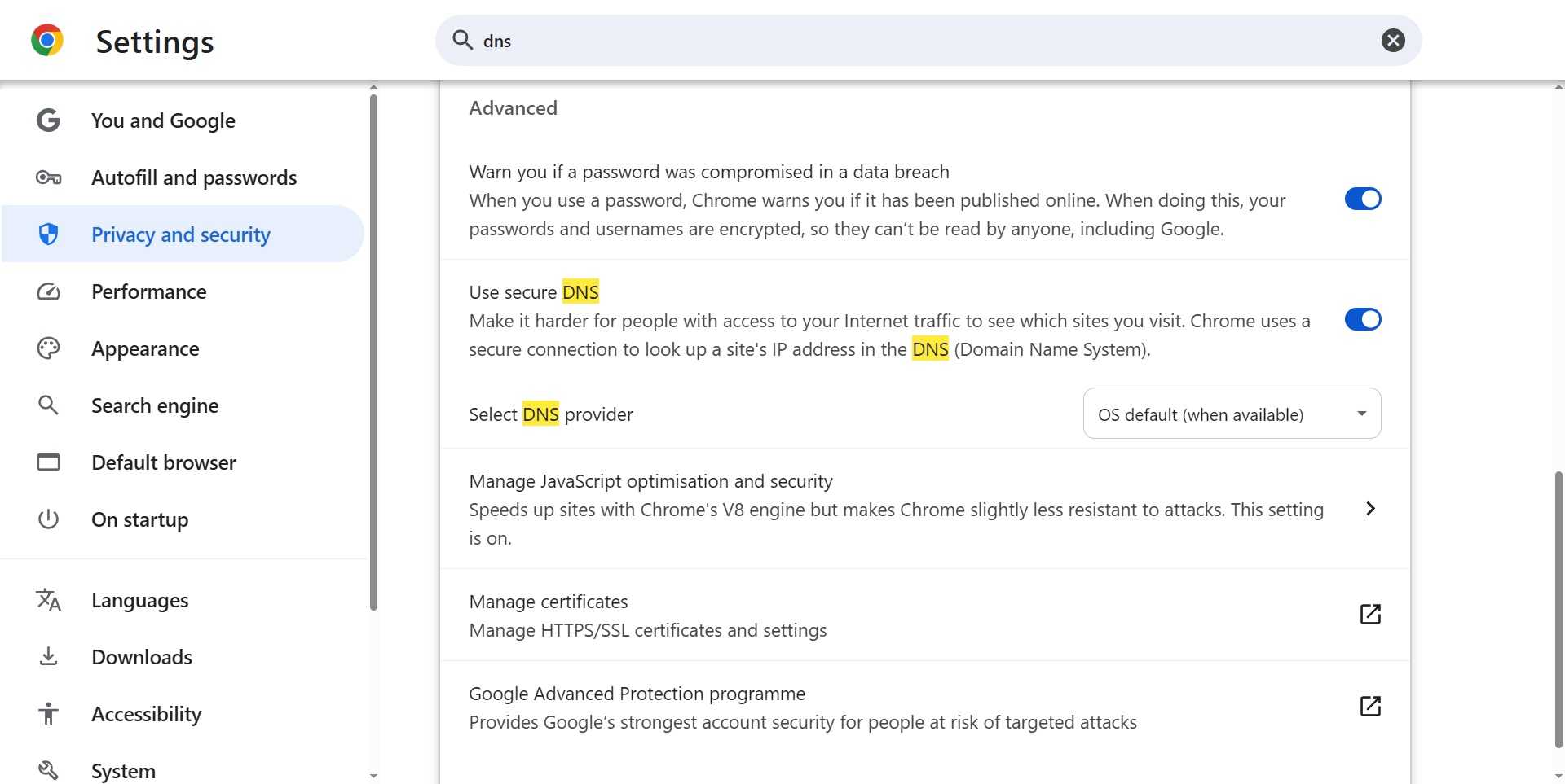 google chrome enable dns over https settings