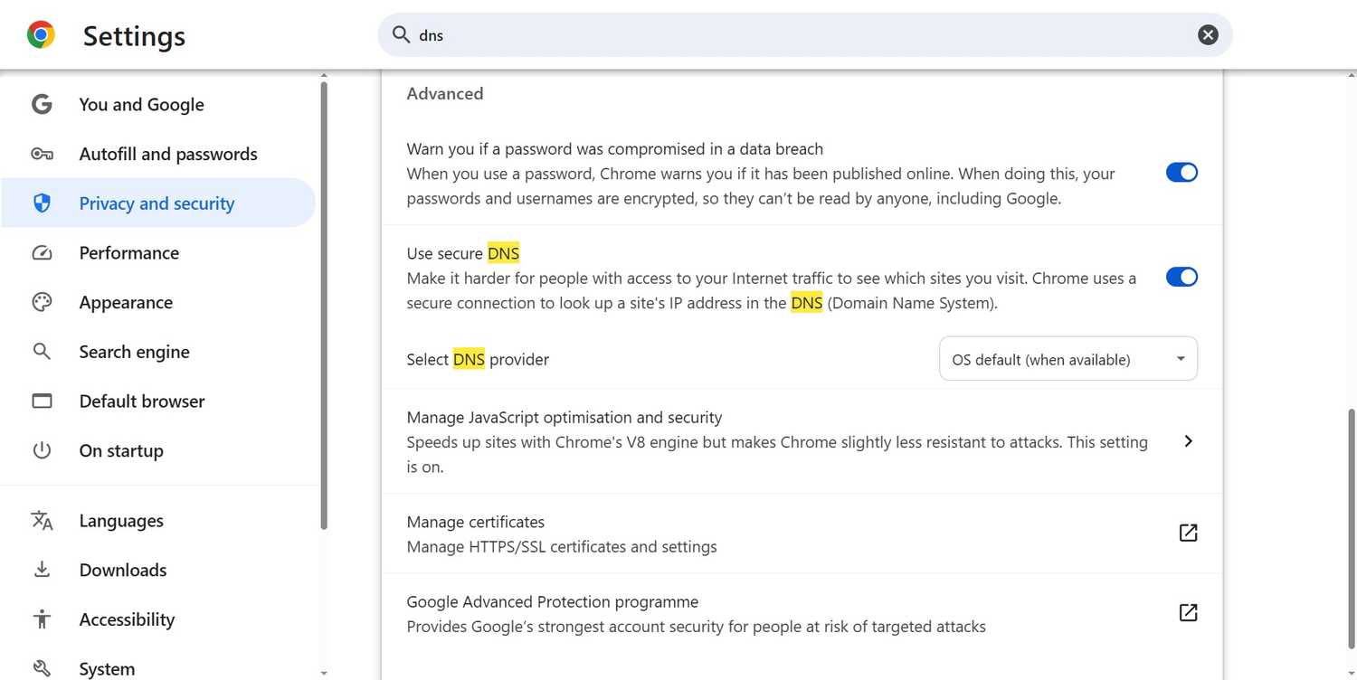 google chrome enable dns over https settings