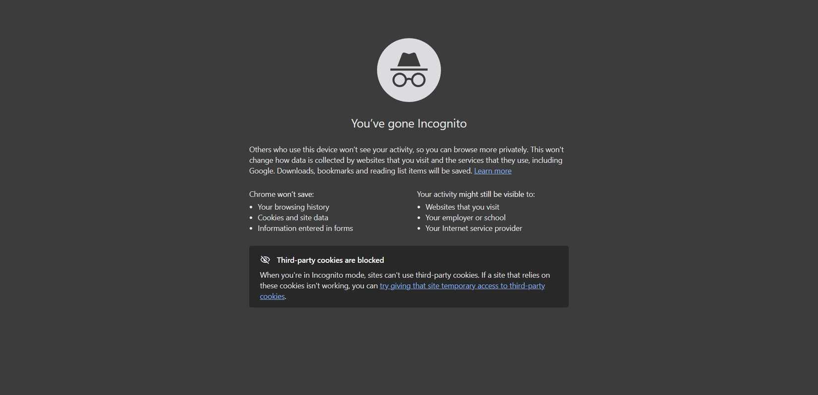 google chrome incognito window warning.