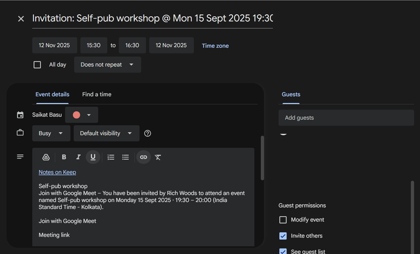 Enlace de Google Keep en un evento de Google Calendar. 