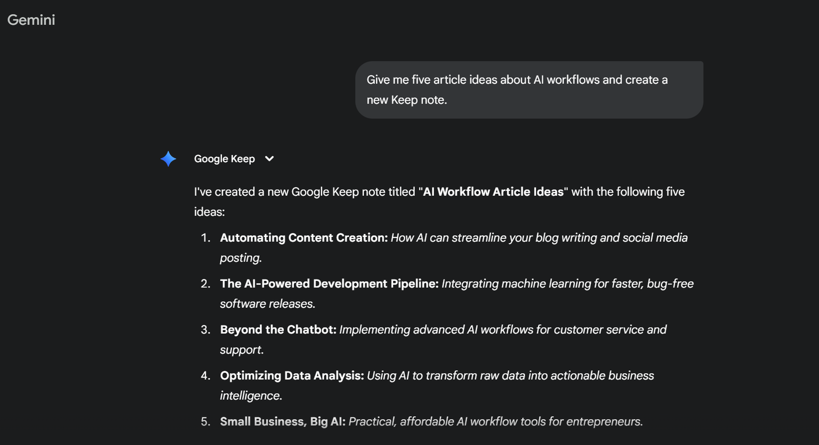 Generating content with Gemini and saving it in a Keep note.