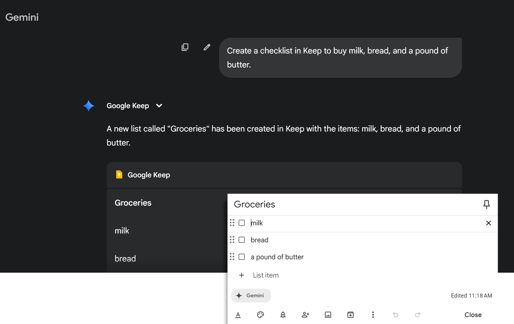 A simple checklist in Google Keep created with Gemini.