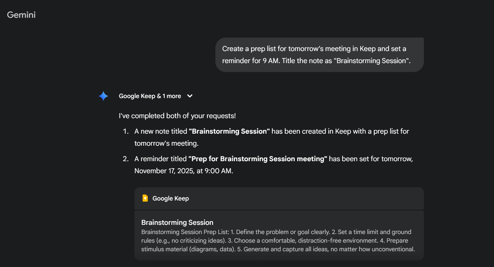 Google Keep with Tasks integration via a Gemini prompt.