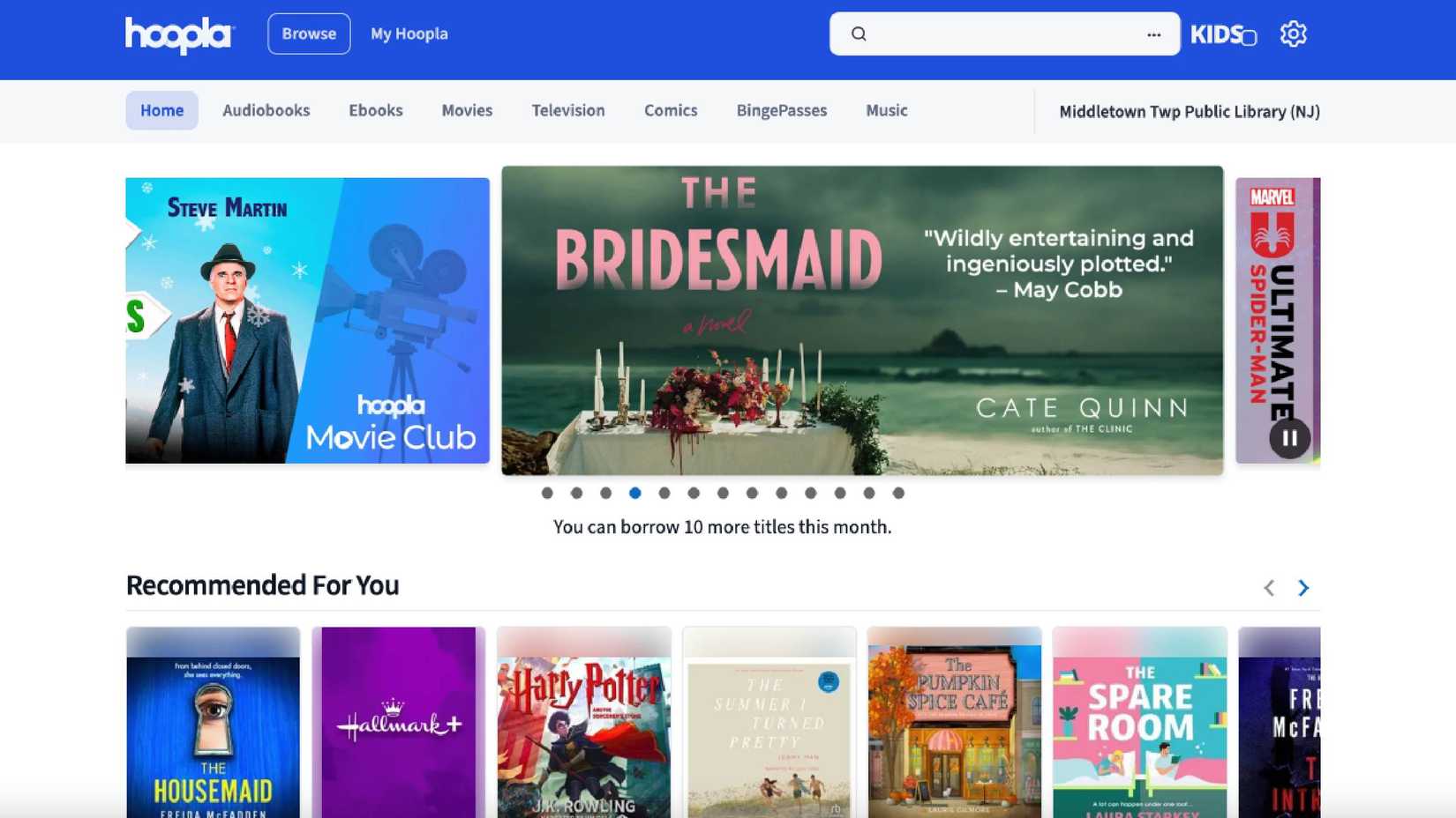 The homepage of Hoopla