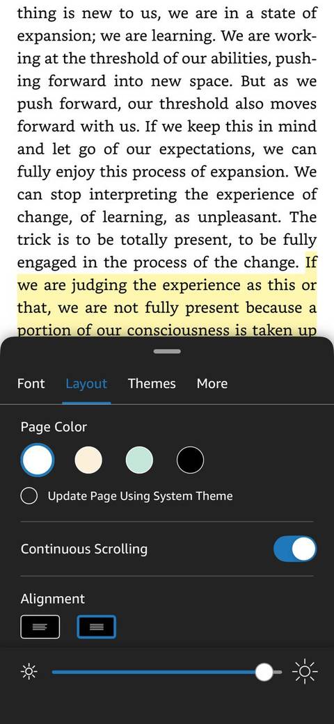 Kindle Continuous Scrolling switch.