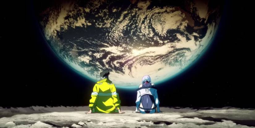 Lucy and David from Cyberpunk Edgerunners sitting on the moon.