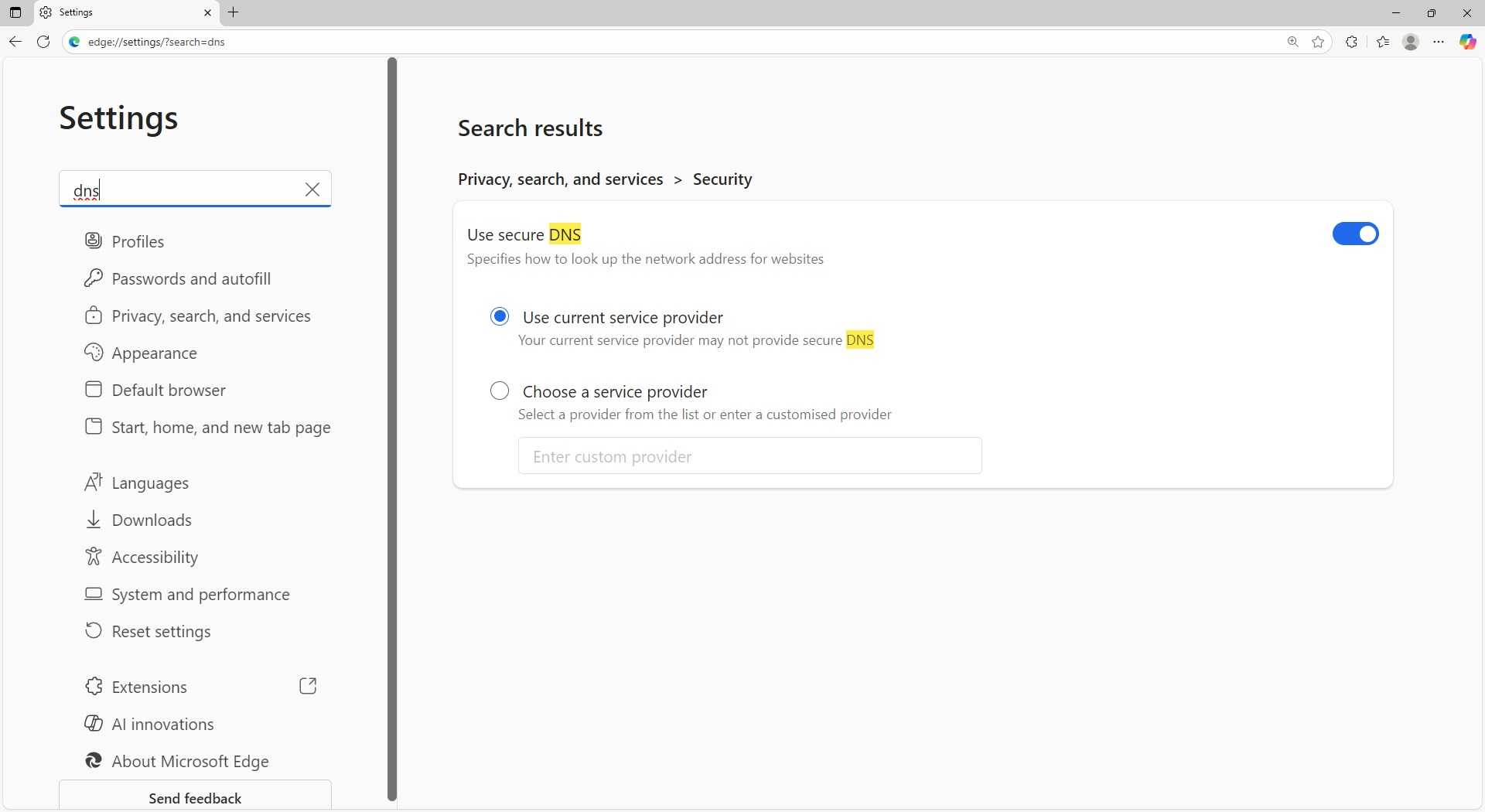 microsoft edge enable dns over https settings