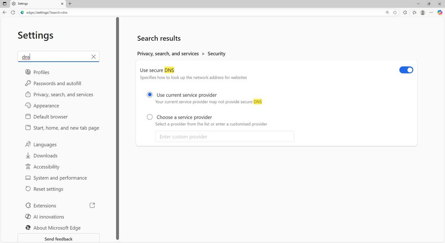 microsoft edge enable dns over https settings