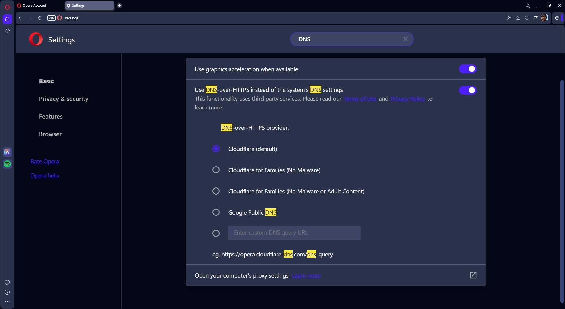 opera browser enable dns over https settings