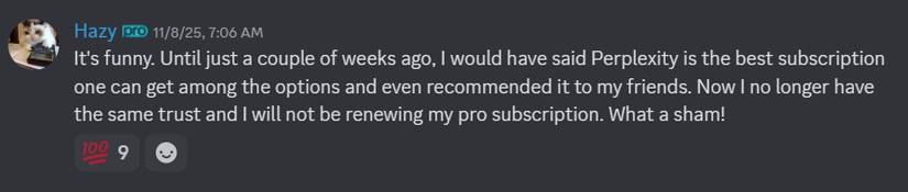 perplexity discord post on model downgrading nov 2025.