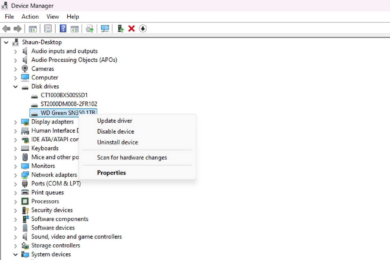 Right-clicking and selecting "Properties" inside of Device Manager on Windows 11