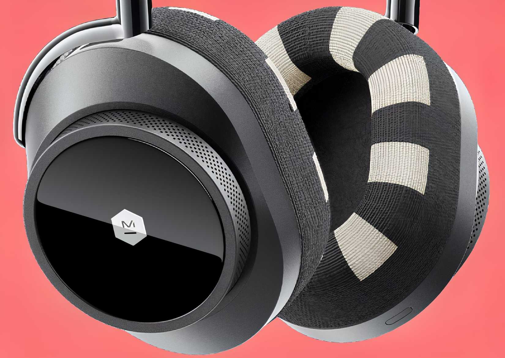 Macro image of the Neurable MW75 Neuro LT headphones foam cushions on a red background.