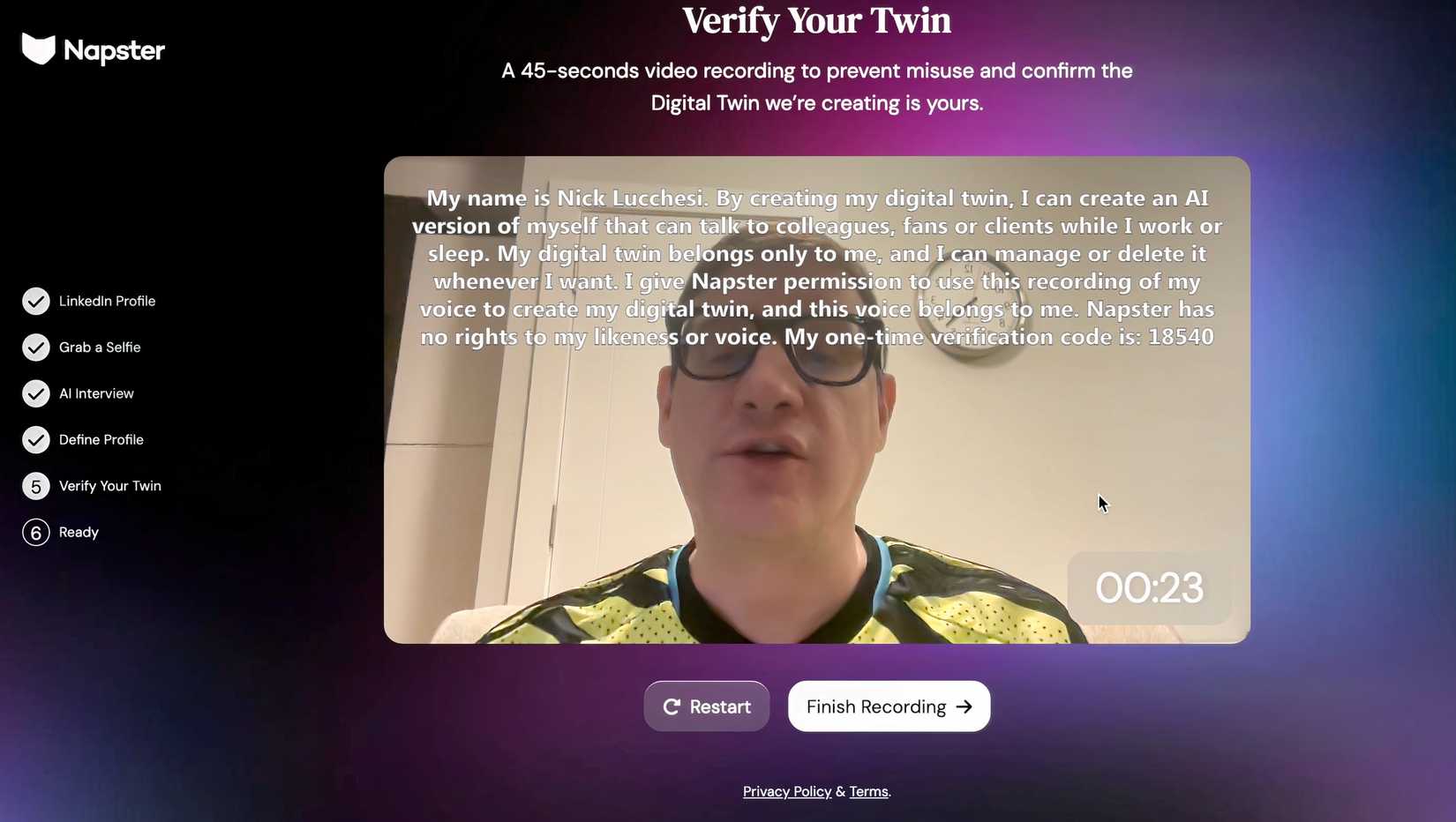 A person on Napster going through the Verify Your Twin segment of the set up process, which includes reading a statement.