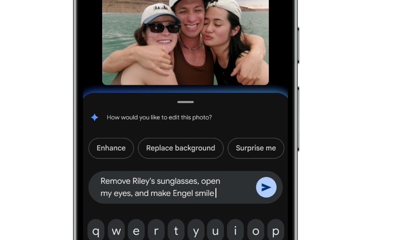 A screenshot of a phone and Nano Banana natural language AI technology being used in Google Photos