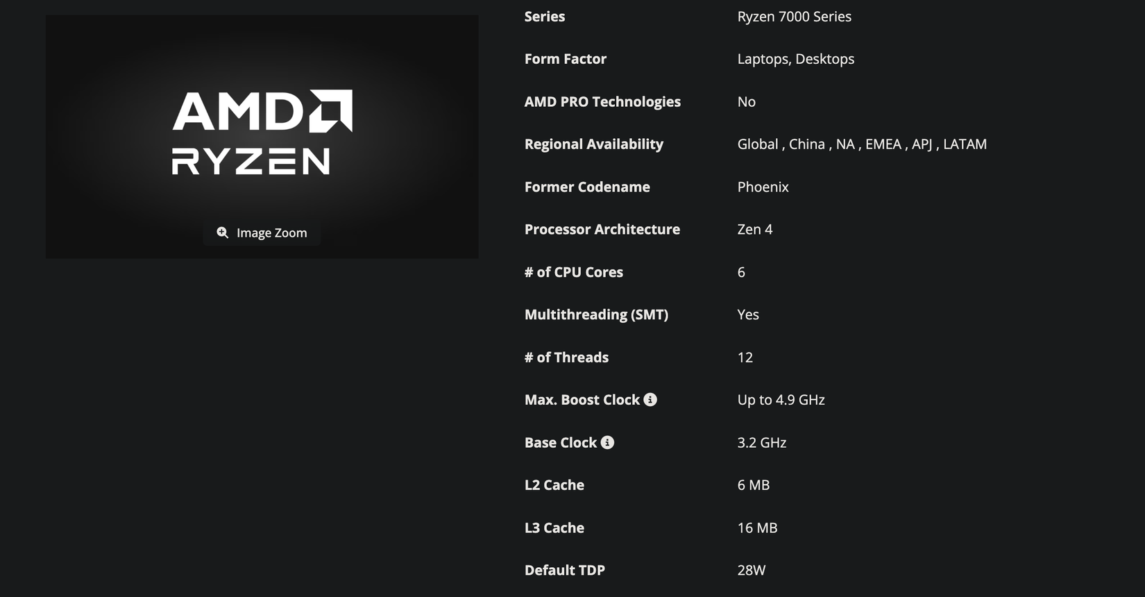 AMD Ryzen 5 7450U specs page