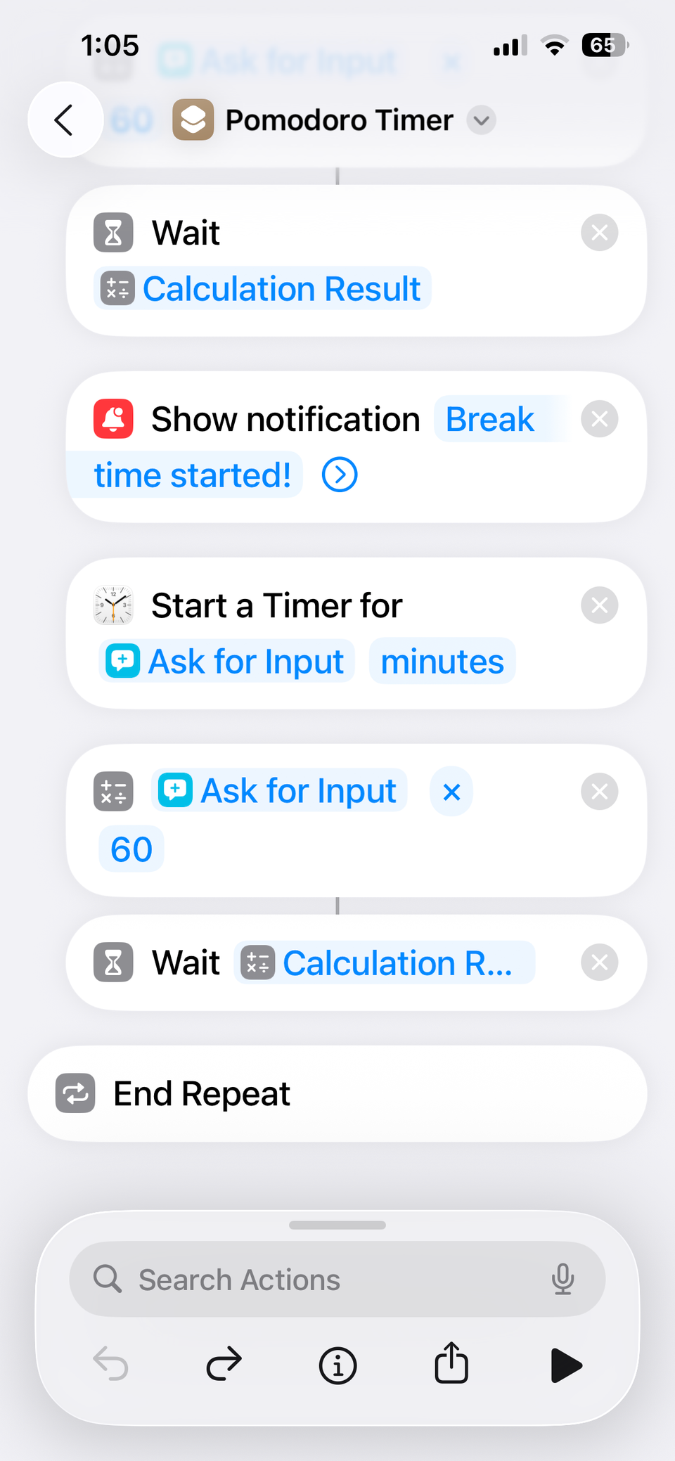Setting up break time for the Pomodoro timer in Shortcuts