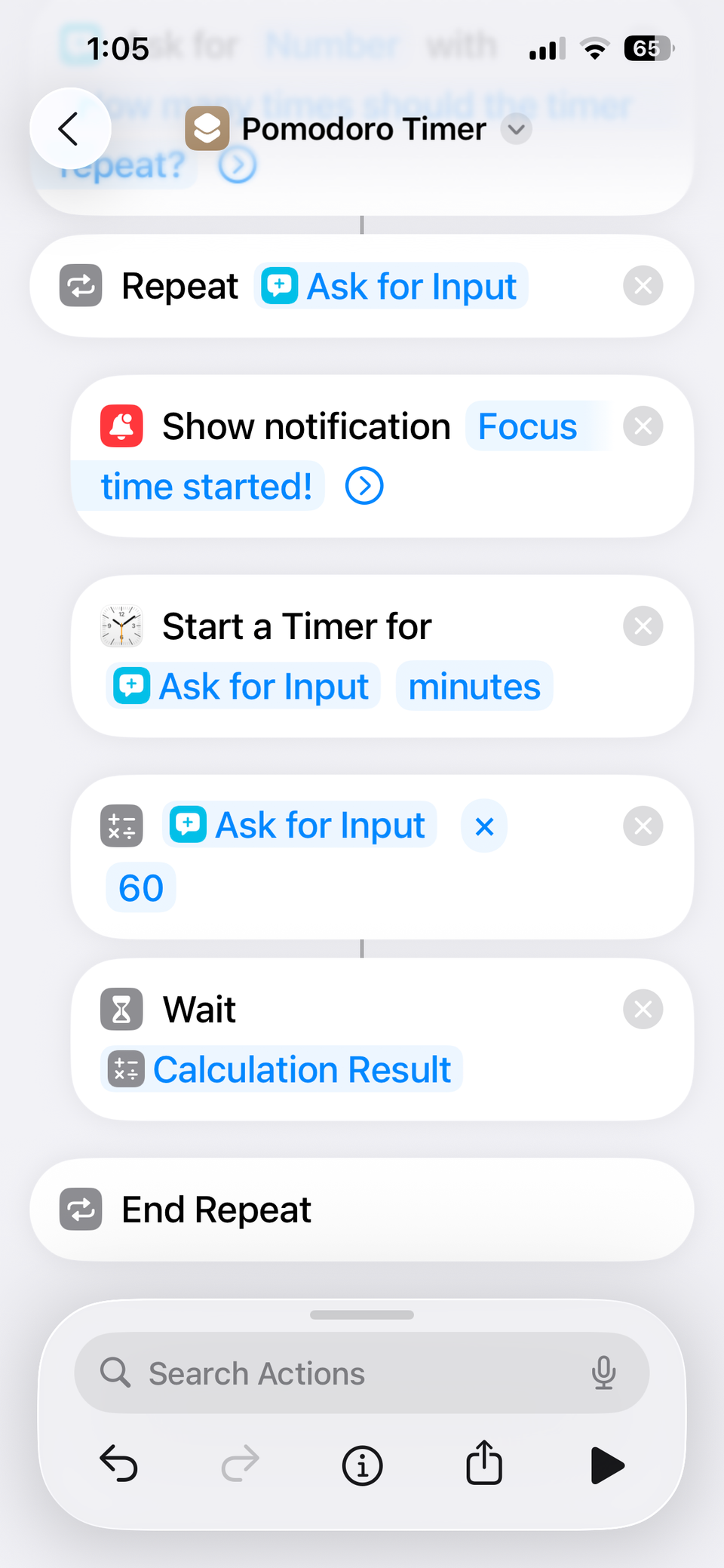 Setting up focus time for the Pomodoro timer in Shortcuts