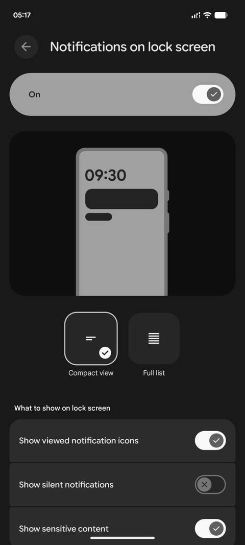 Show sensitive notifications enabled in Android
